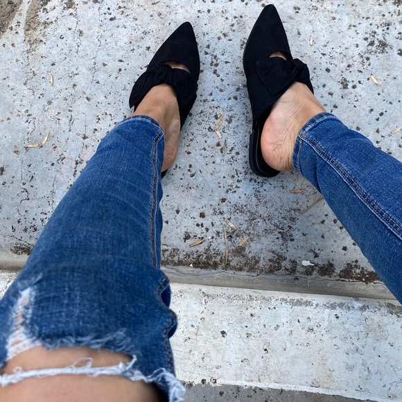 Vegan Suede Pointed Tow Bow Slip On Mules Flats - Picture 3 of 5